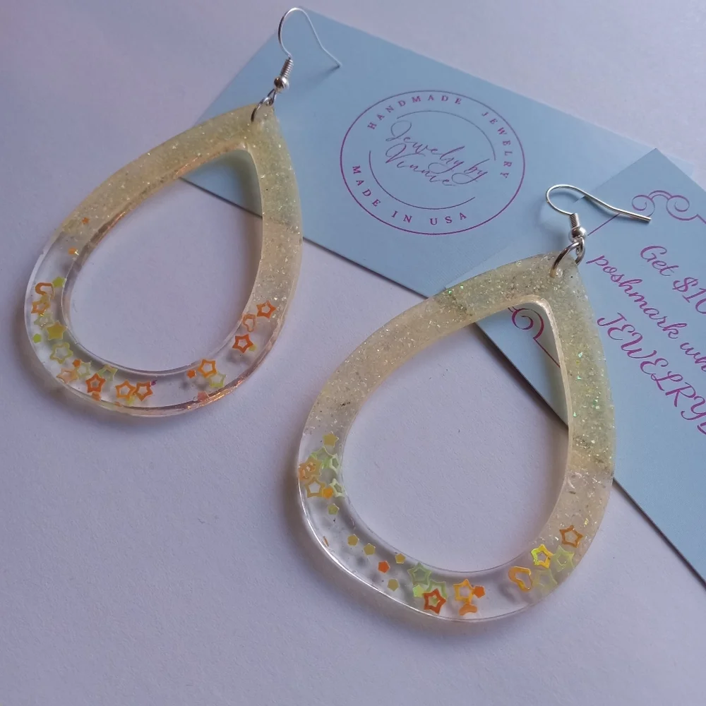 Hand Crafted Glittering Teardrop Earrings - Gold and Orange - Picture 6 of 7